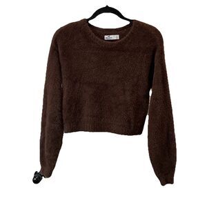 Hollister Soft Fuzzy Plush Crop Sweater Long Sleeves Teddy Bear Brown Size S
